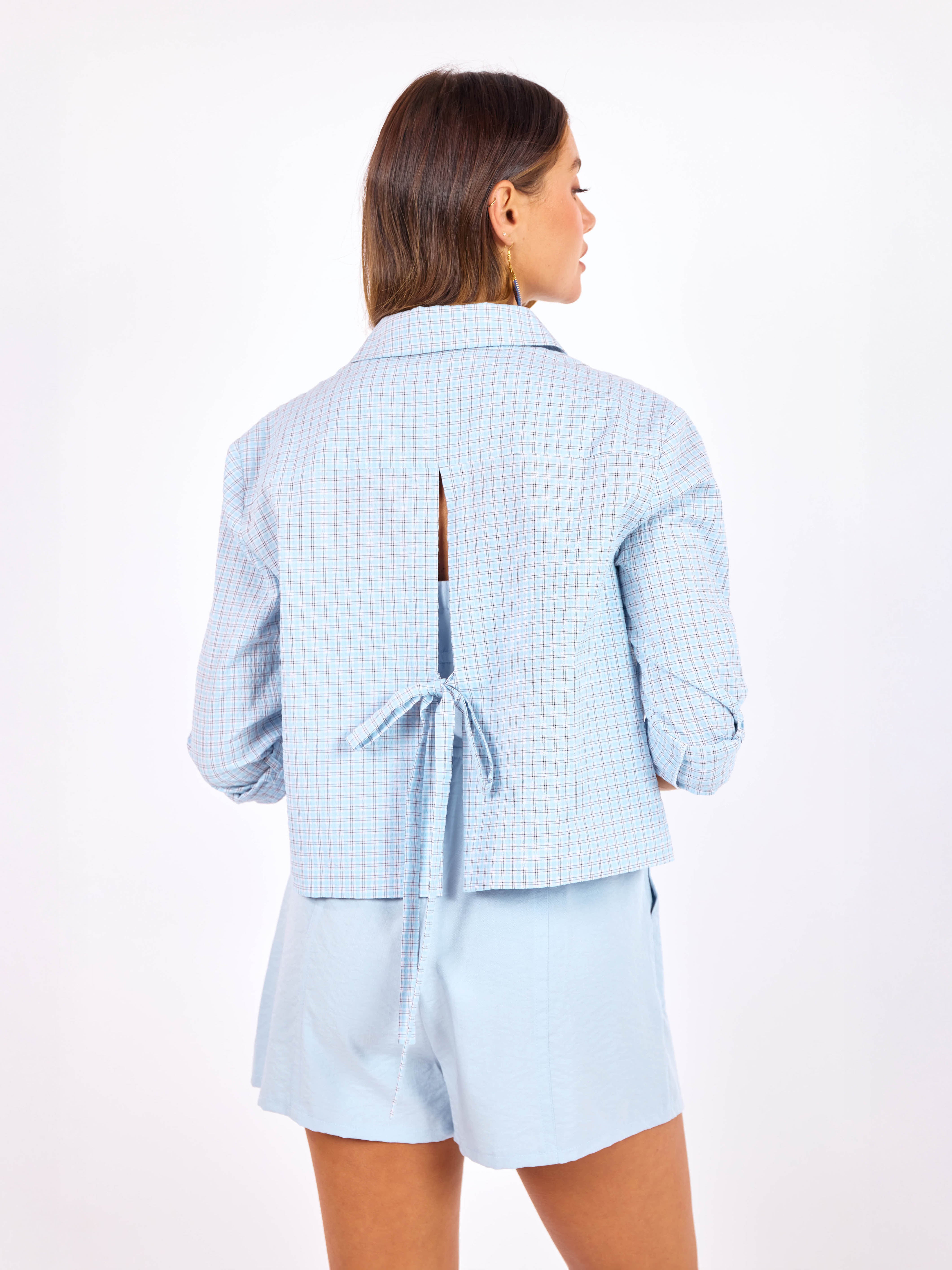 Wanderer Button Up Shirt in Blue Multi - back crop view