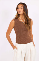 Sidewalk Mock Neck Tank in Heather-Cocoa - front crop view