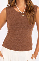 Sidewalk Mock Neck Tank in Heather-Cocoa - detail view