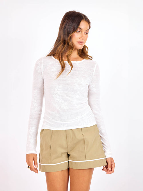 Precious Long Sleeve Knit Top in White - front crop view