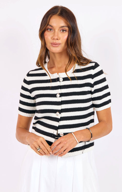Daphne Stripe Button Cardigan in Black-Ivory - front crop view