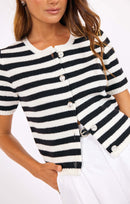 Daphne Stripe Button Cardigan in Black-Ivory - detail view