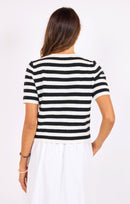 Daphne Stripe Button Cardigan in Black-Ivory - back crop view