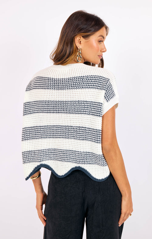 Missed Connections Sweater in Navy-Ivory - back crop view