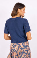 Janice Short Sleeve Sweater in Navy - back crop view