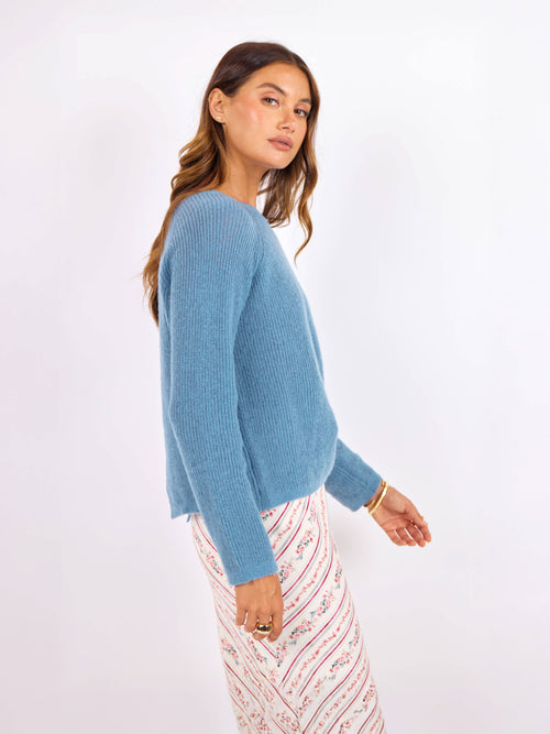 Fountain Open Back Sweater in Dusty Blue - mood image