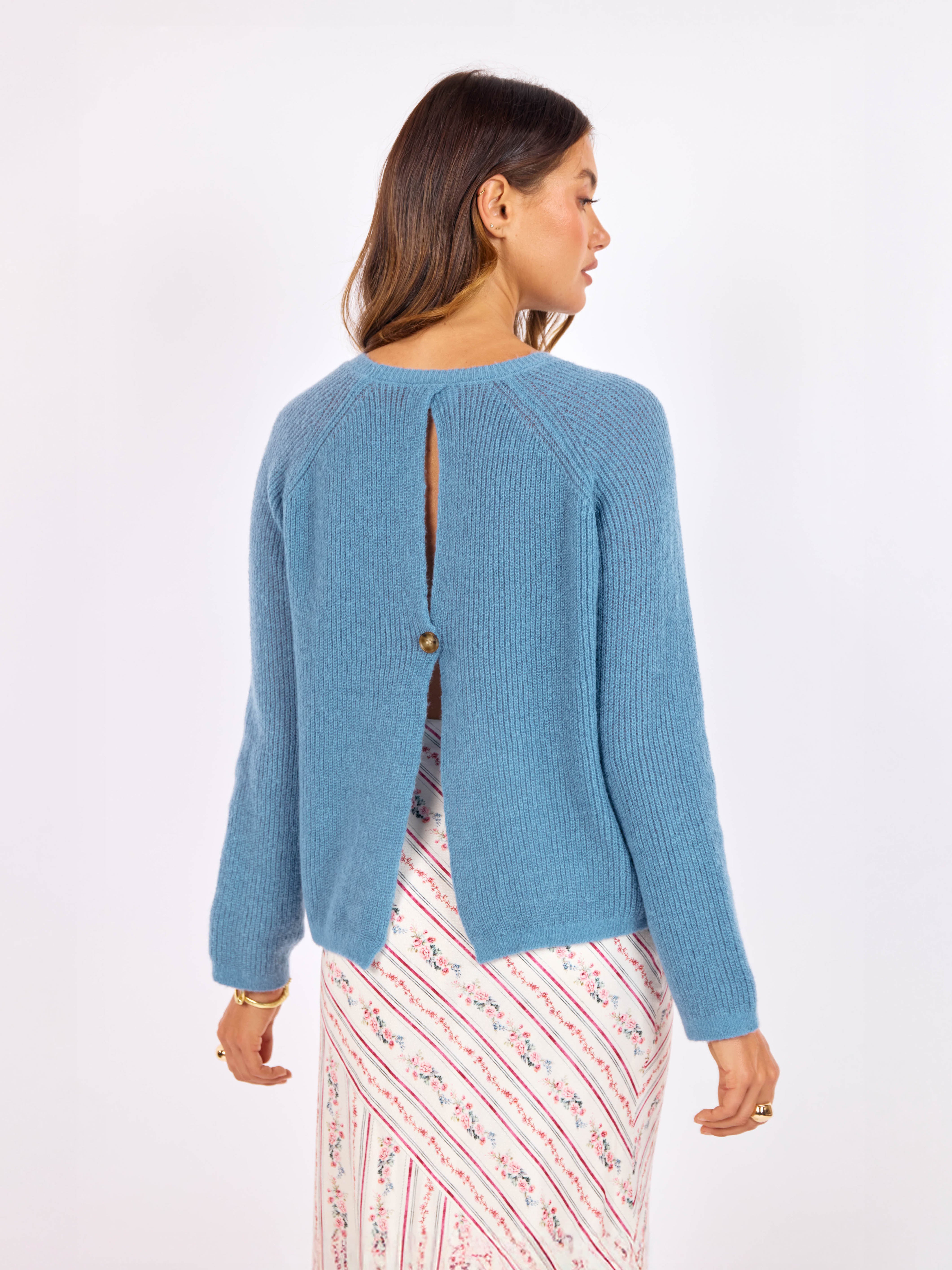 Fountain Open Back Sweater in Dusty Blue - back crop view