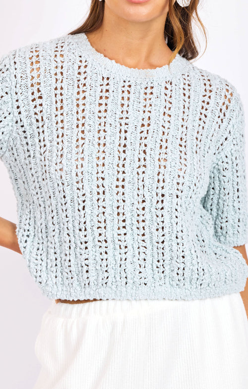 Peruse Short Sleeve Sweater in Light Blue - detail view