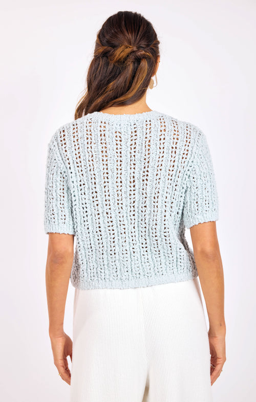 Peruse Short Sleeve Sweater in Light Blue - back crop view