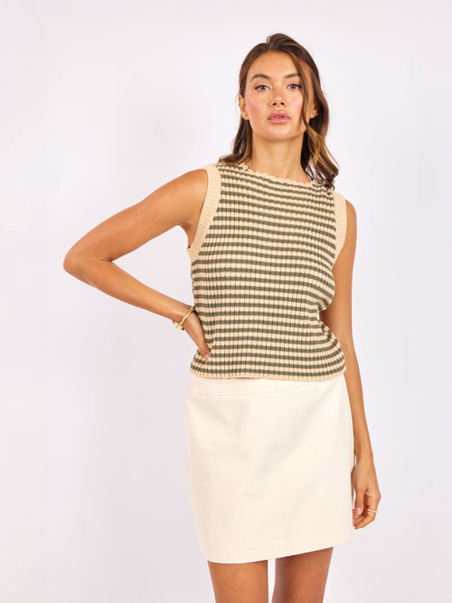 Mona Stripe Sweater Tank in Sage Multi - front crop view