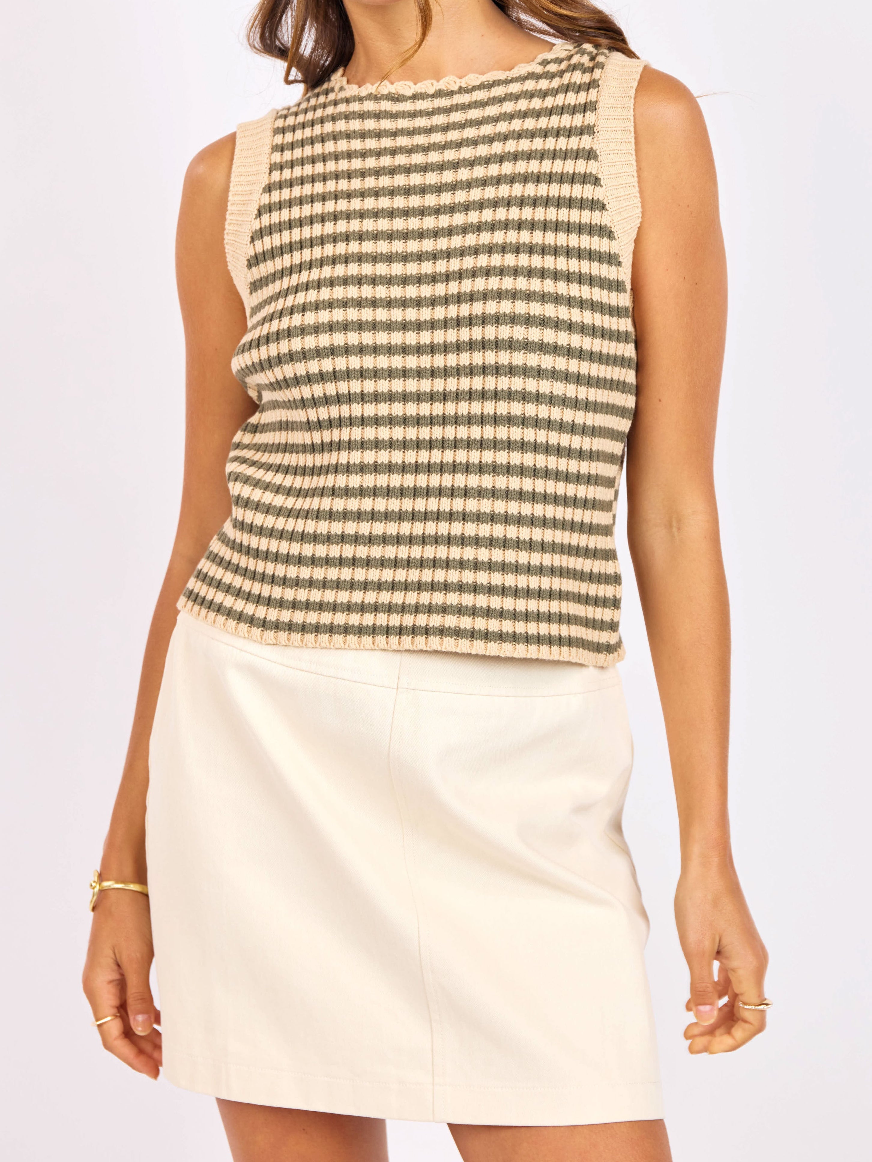 Mona Stripe Sweater Tank in Sage Multi - detail view