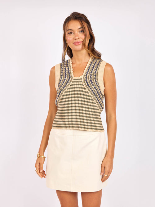 Mona Stripe Sweater Tank in Sage Multi - reversible front crop view