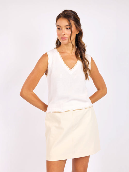 Tortoise Embroidered Sweater Tank in Ivory Beige - front crop view