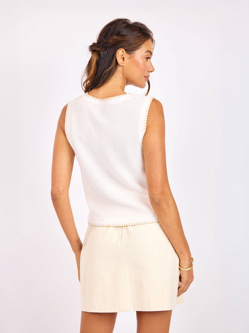 Tortoise Embroidered Sweater Tank in Ivory Beige - back crop view
