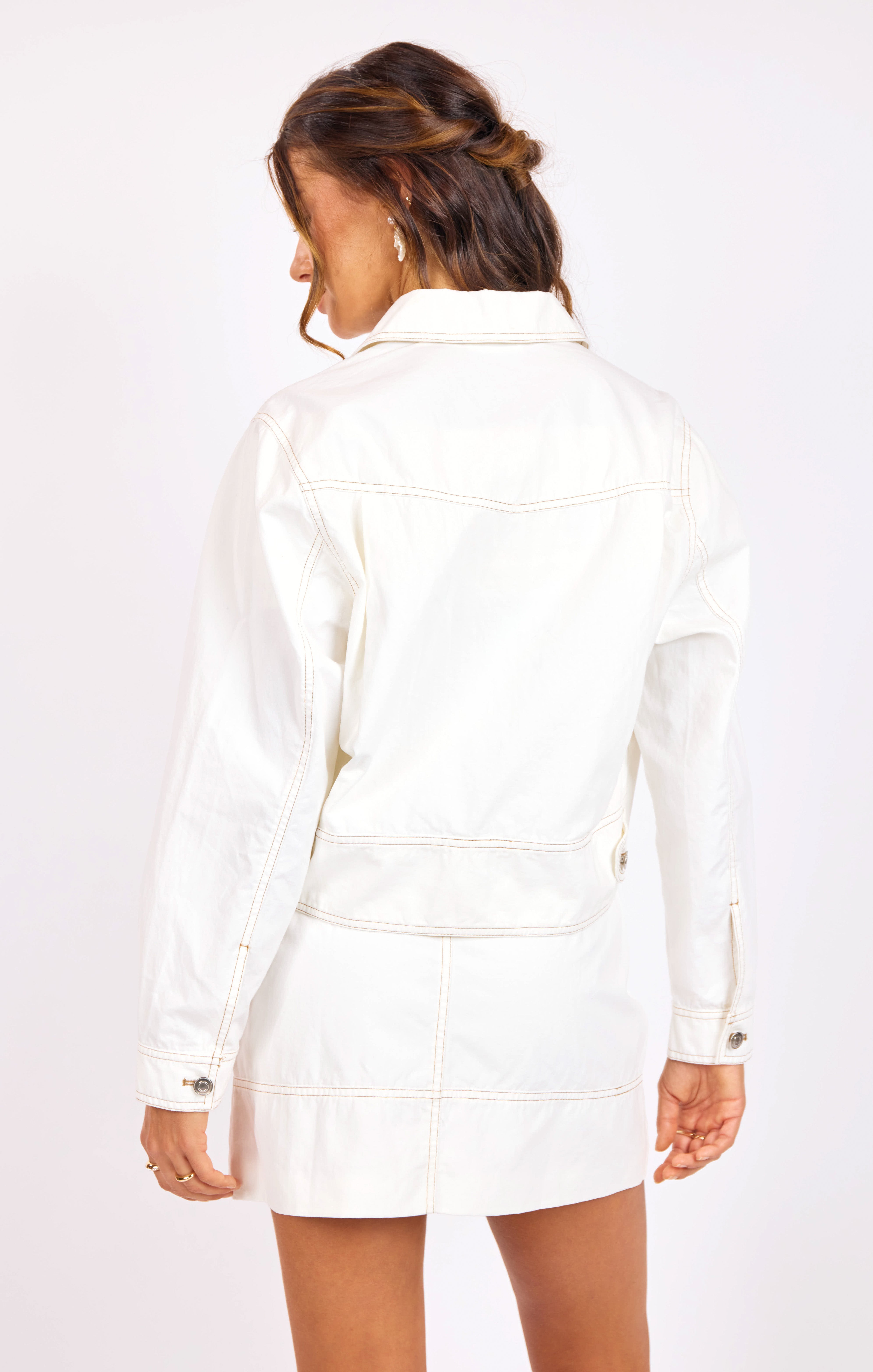 Skywatch Contrast Stitch Jacket in White Beige - back crop view