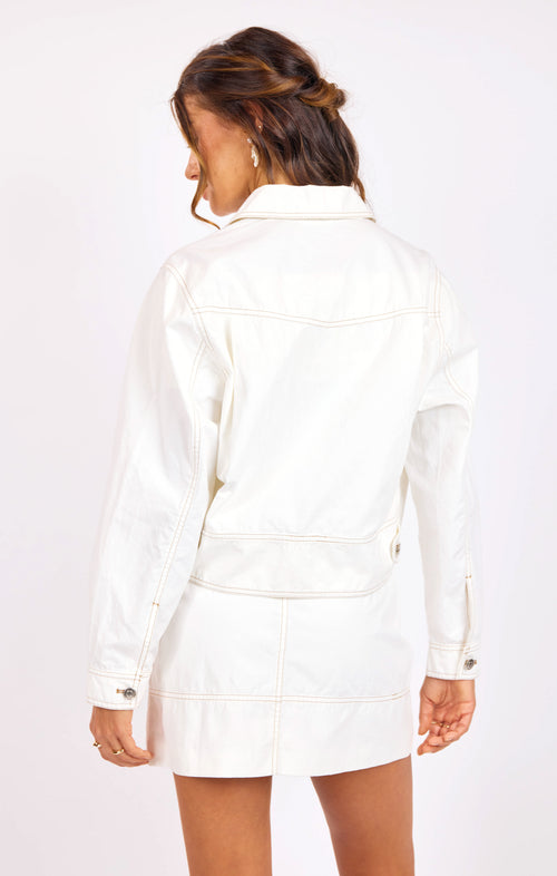 Skywatch Contrast Stitch Jacket in White Beige - back crop view