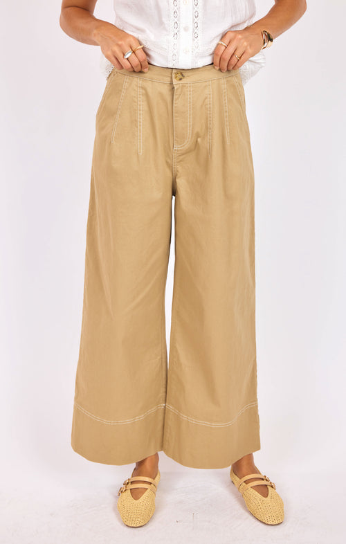 Seedling Contrast Stitch Pants in Khaki Ivory - front crop view