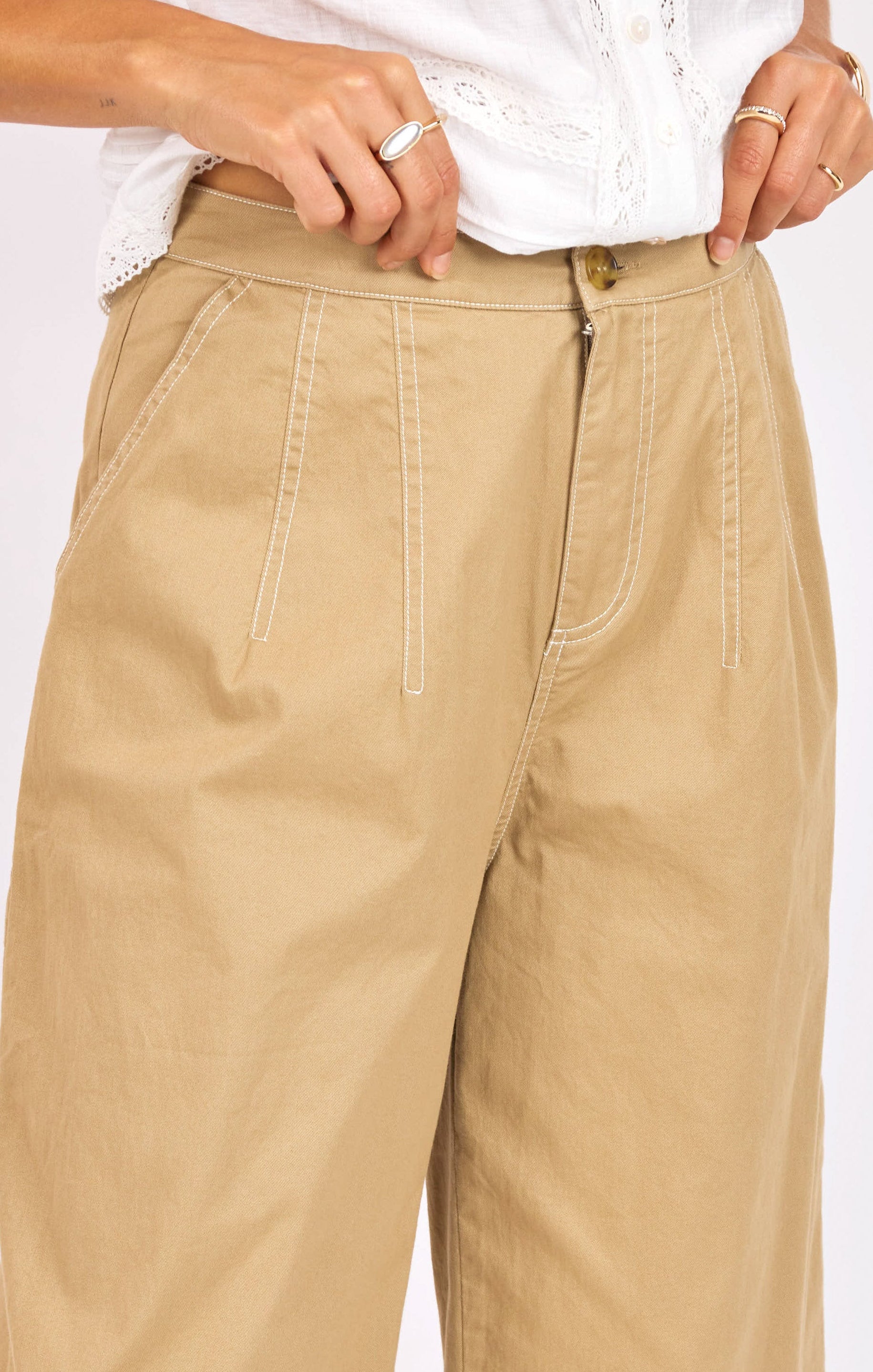 Seedling Contrast Stitch Pants in Khaki Ivory - detail view