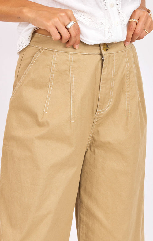 Seedling Contrast Stitch Pants in Khaki Ivory - detail view