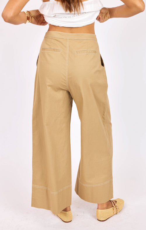 Seedling Contrast Stitch Pants in Khaki Ivory - back crop view