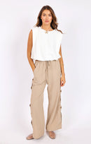 Natural Roots Button Pants in Khaki - front view