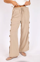 Natural Roots Button Pants in Khaki - front crop view
