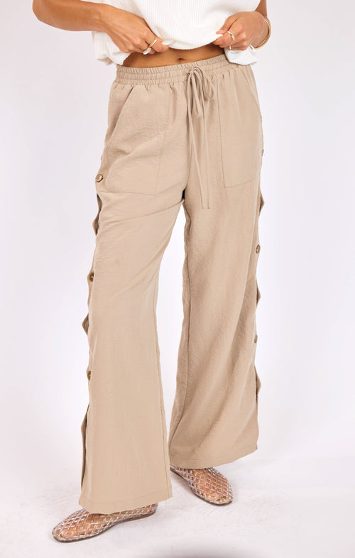 Natural Roots Button Pants in Khaki - front crop view