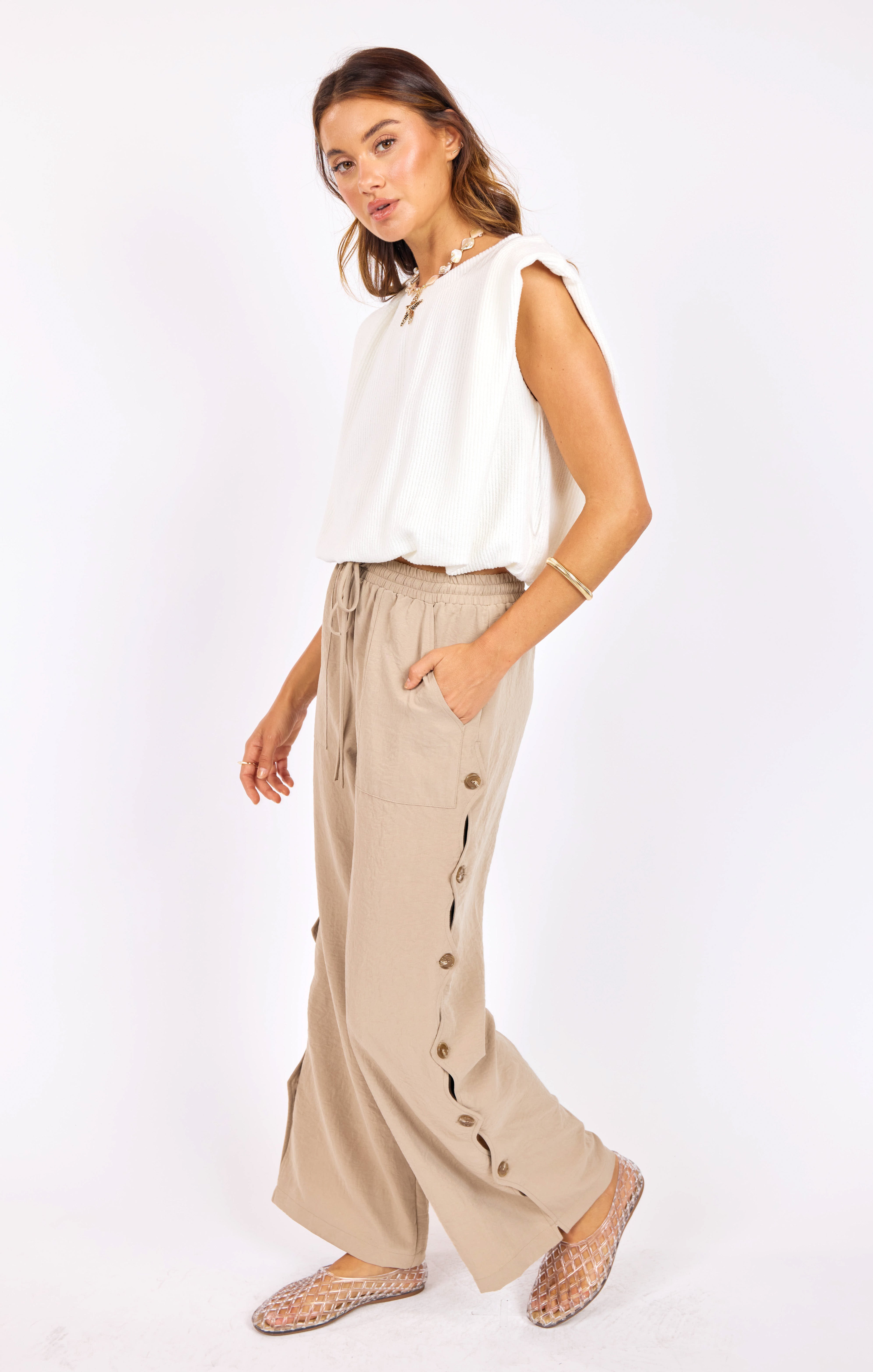 Natural Roots Button Pants in Khaki - mood image