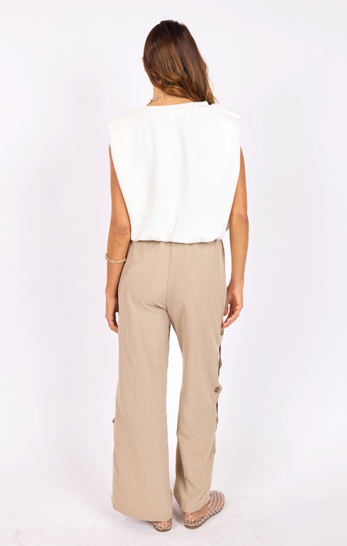 Natural Roots Button Pants in Khaki - back view