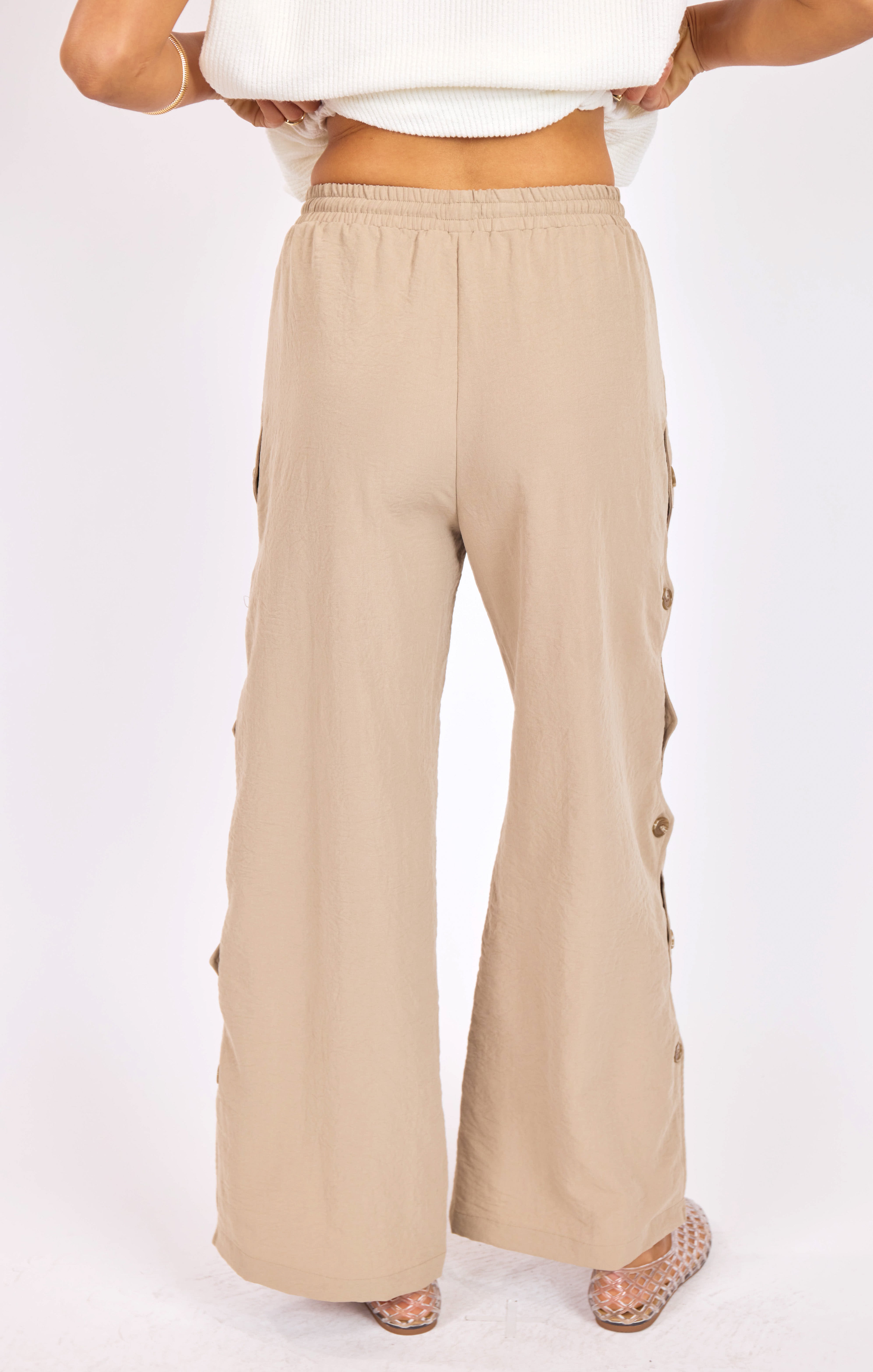 Natural Roots Button Pants in Khaki - back crop view