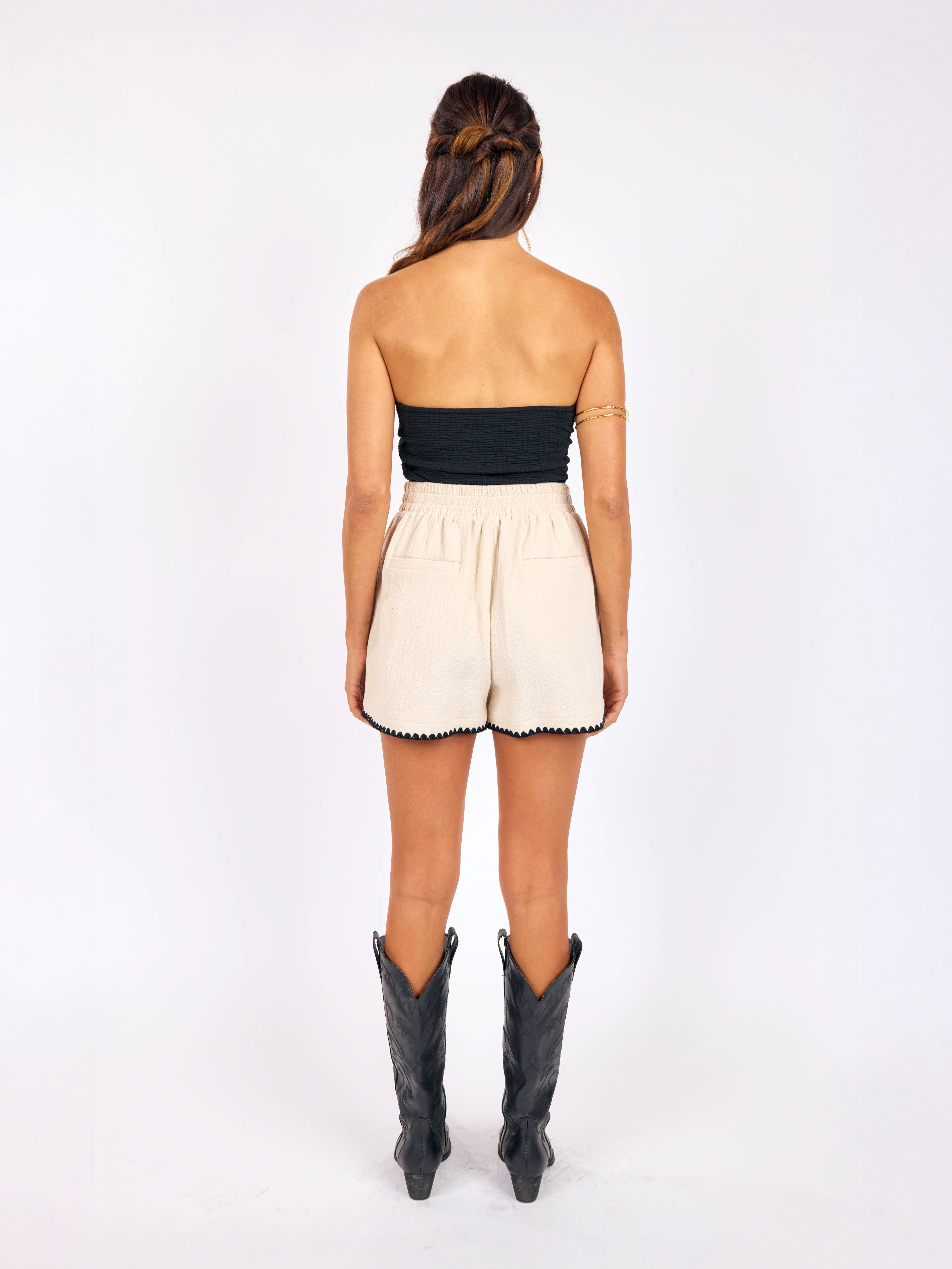 Compass Embroidered Shorts in Cream Black - back view