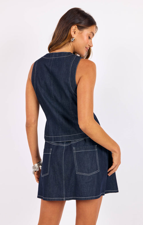 Bodega Denim Vest in Indigo - back crop view