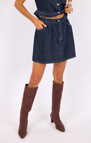 Bodega Denim Mini Skirt in Indigo - front crop view
