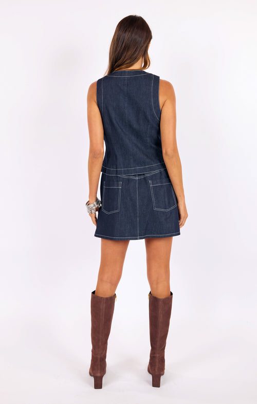 Bodega Denim Mini Skirt in Indigo - back view