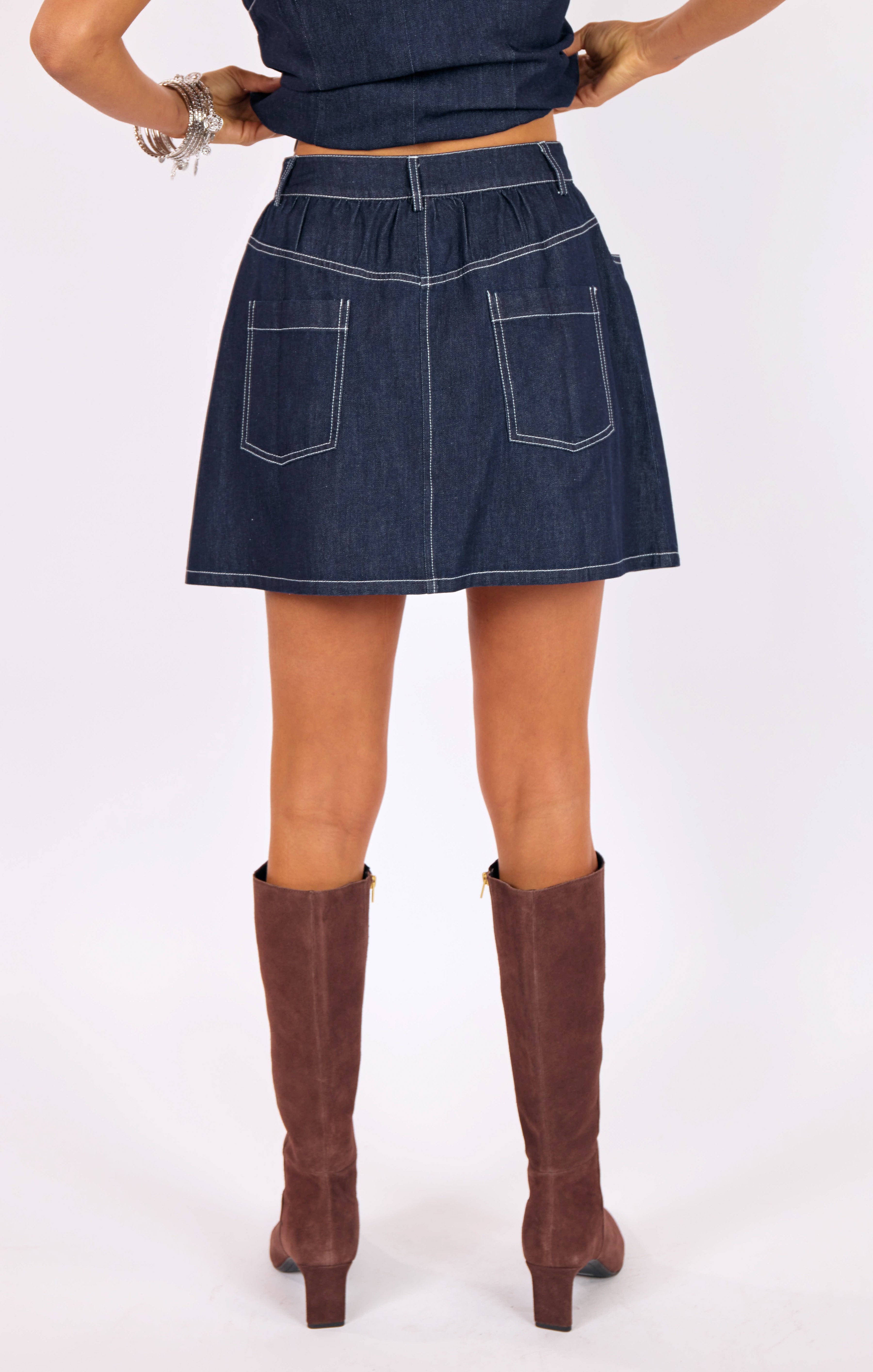 Bodega Denim Mini Skirt in Indigo - back crop view