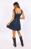 Bodega Denim Mini Dress in Indigo - back view