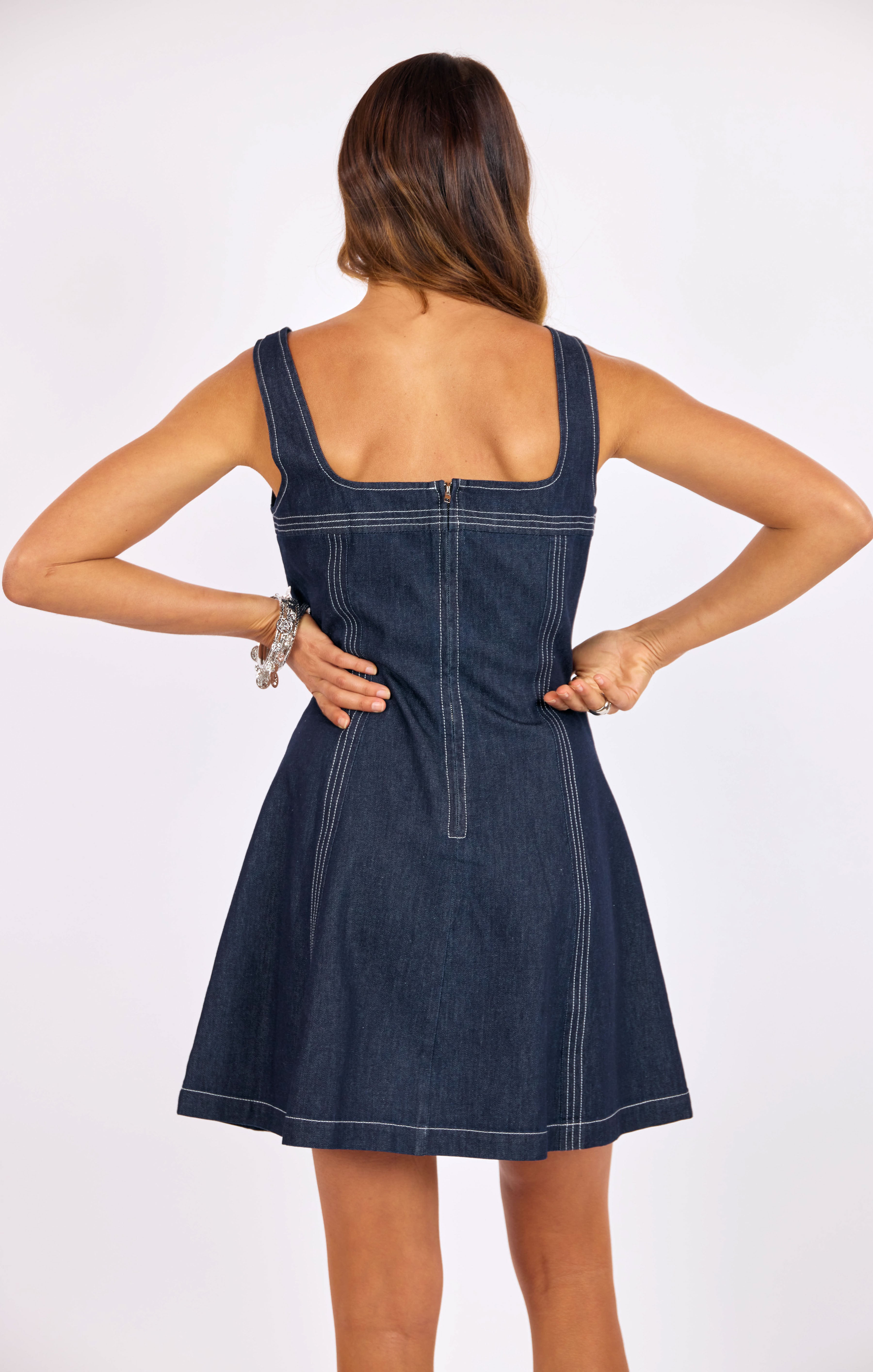 Bodega Denim Mini Dress in Indigo - back crop view