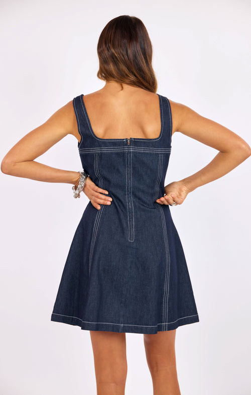 Bodega Denim Mini Dress in Indigo - back crop view