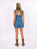 Palo Verde Denim Romper in Medium Blue Tan - back view