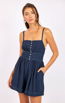Percy Lace Trim Romper in Navy - front crop view