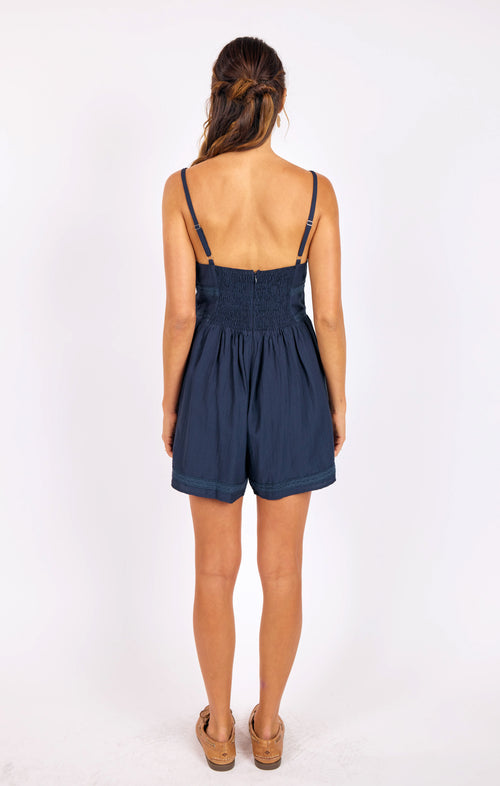 Percy Lace Trim Romper in Navy - back view