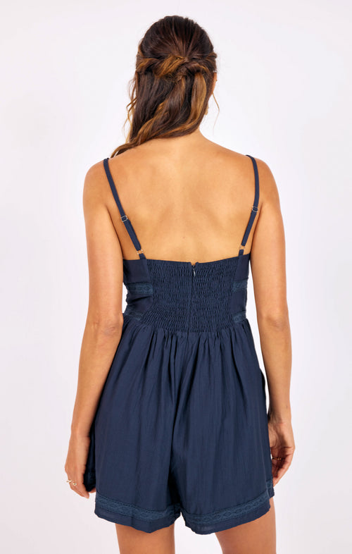 Percy Lace Trim Romper in Navy - back crop view