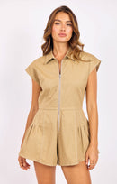 Seedling Contrast Stitch Romper in Khaki Ivory - front crop view