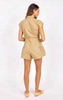 Seedling Contrast Stitch Romper in Khaki Ivory - back view