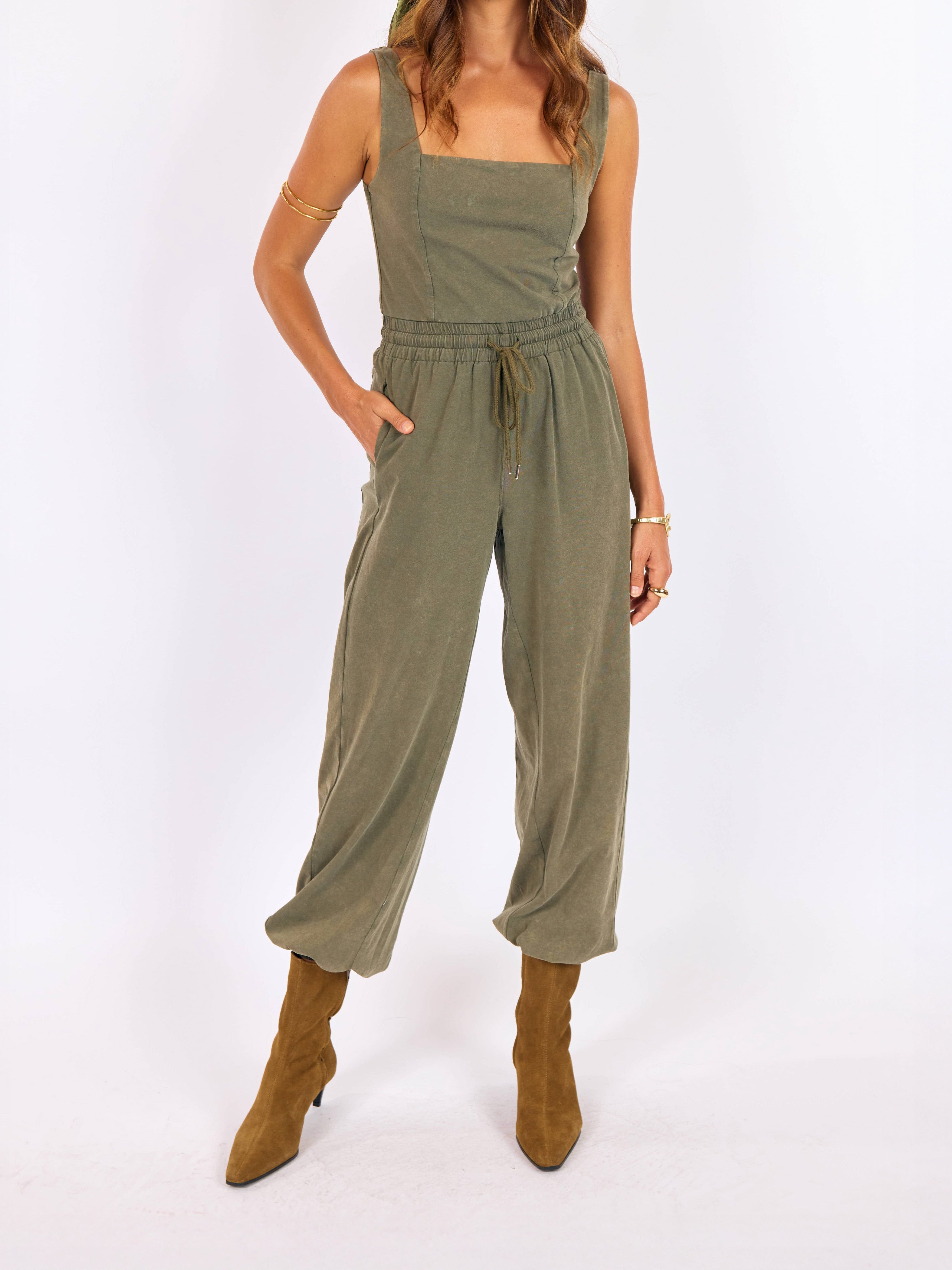 Gila Knit Jumpsuit in Sage - front crop view