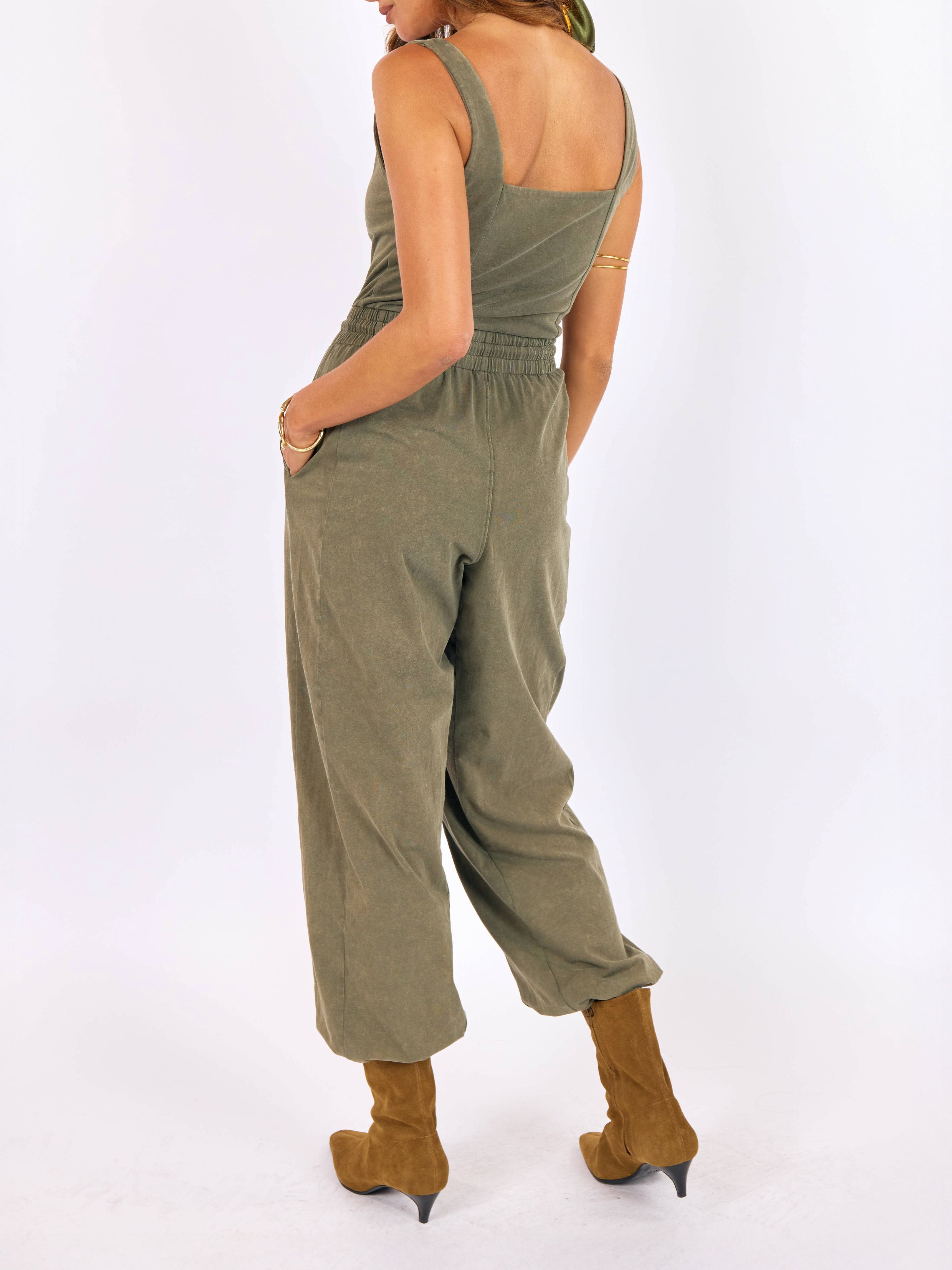 Gila Knit Jumpsuit in Sage - back crop view