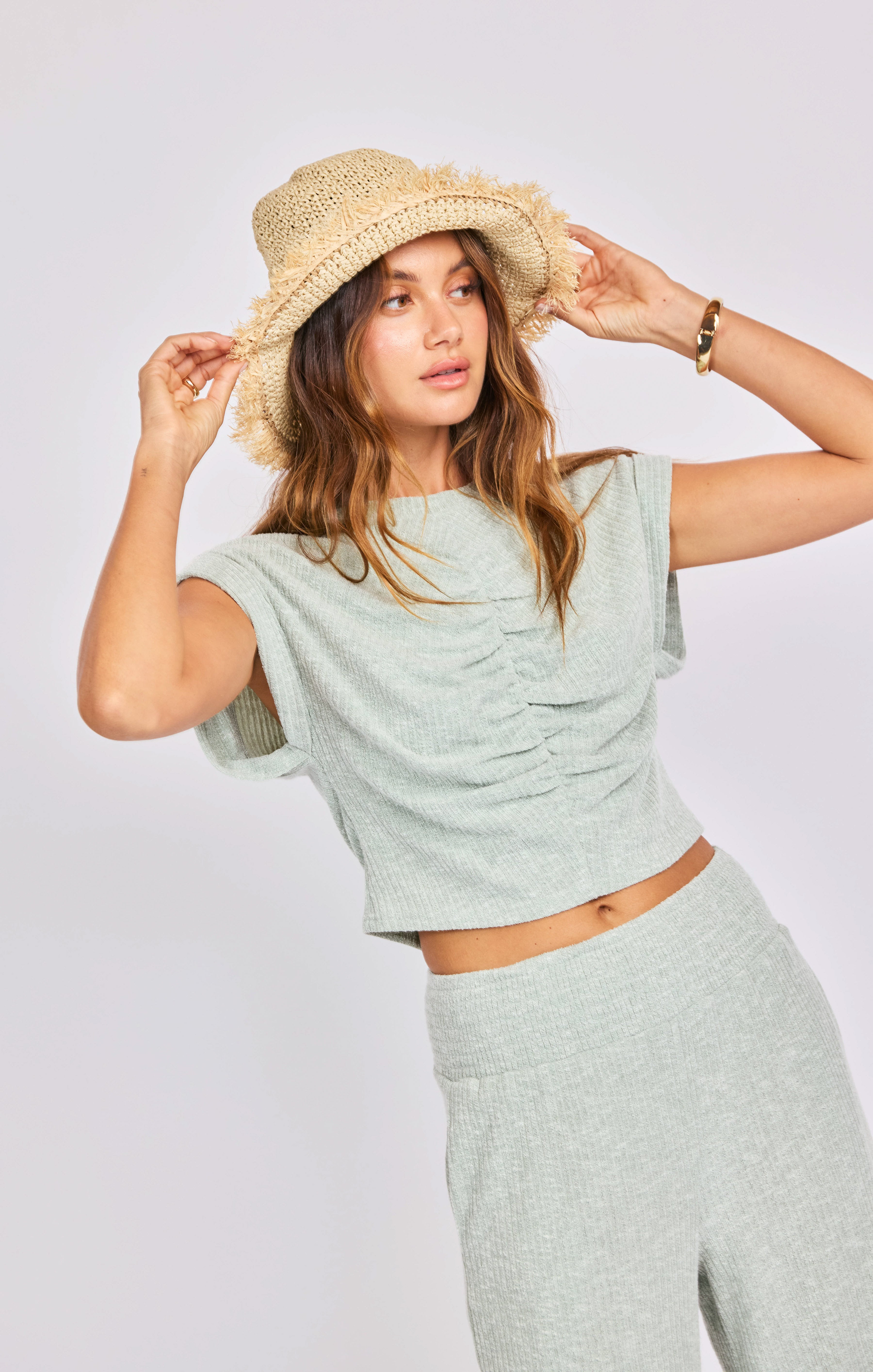 Laguna Ruched Top in Light Sage - detail view