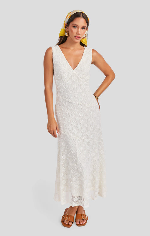 Cordelia Stretch Lace Dress in White - front view
