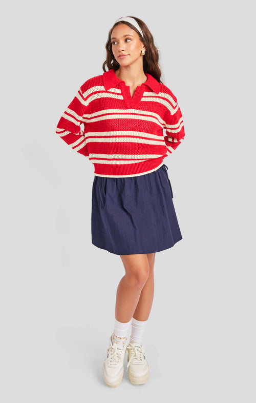 Caddie Collared Sweater in Red Ivory - front view