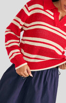 Caddie Collared Sweater in Red Ivory - detail view